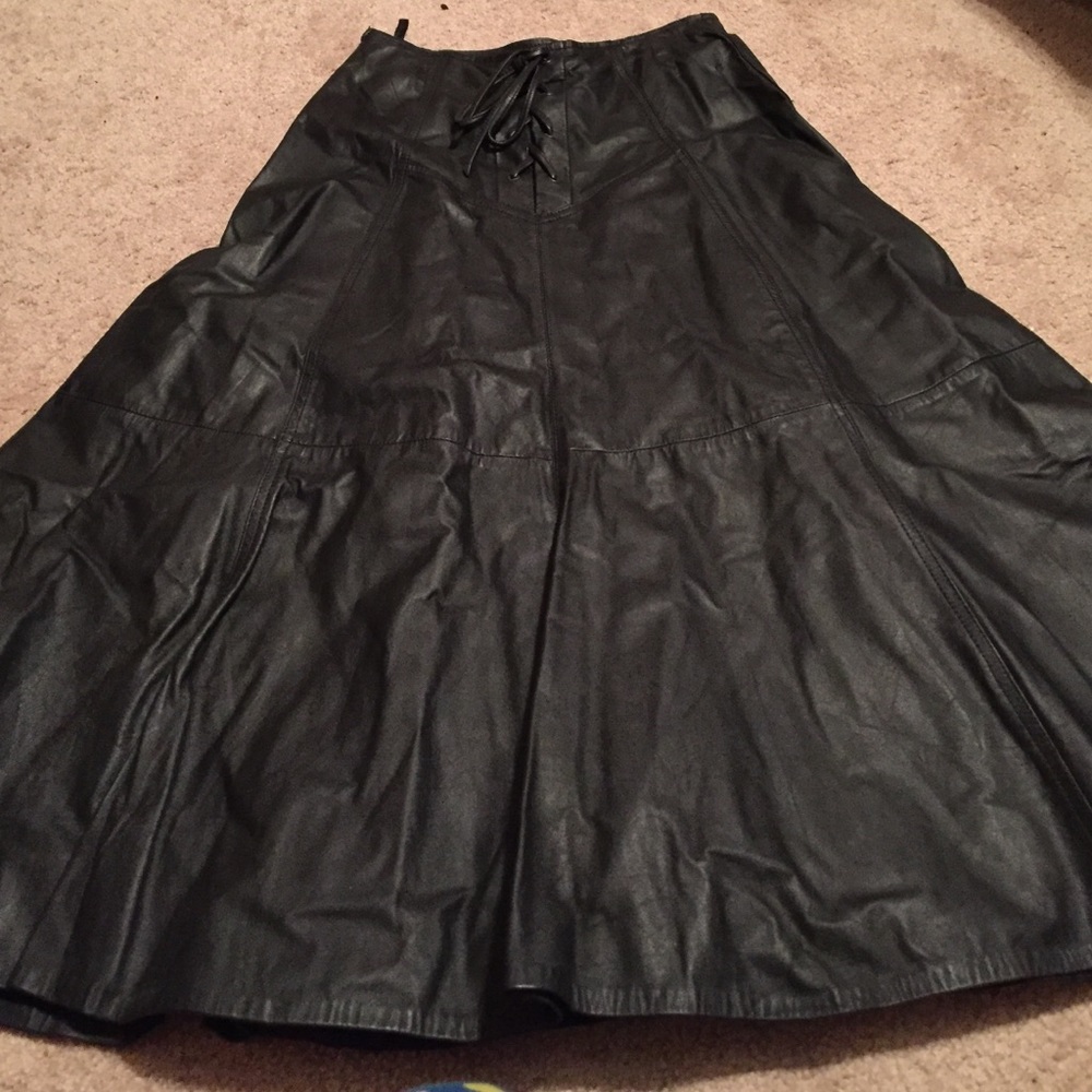 Vintage Lace Up, High-Waisted, Genuine Black Leather Maxi Skirt